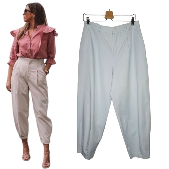 ZARA Baby Blue Carrot Fit Pleated Trousers Size L - Picture 1 of 7